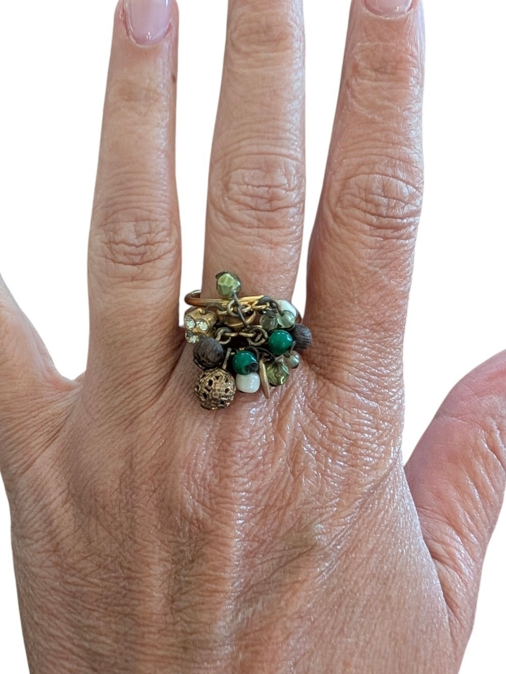 Gold-Tone Green Bead Cluster Ring - Women's Fashion Jewelry